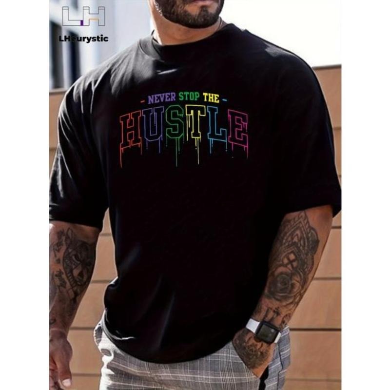 Hustle Print, Men's Graphic Design Crew Neck Niche T-shirt, Casual Comfy Tees Tshirts For Summer, Men's Clothing Tops For Daily Vacation Resorts Made In USA