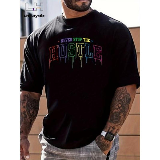Hustle Print, Men's Graphic Design Crew Neck Niche T-shirt, Casual Comfy Tees Tshirts For Summer, Men's Clothing Tops For Daily Vacation Resorts Made In USA