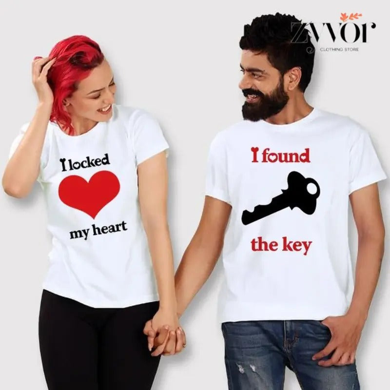 I Locked My Heart I Found The Key Funny Couple Shirt Cotton Fabric Casual Streetstyle Crew Neck Short Sleeve T-Shirt for Women for Men