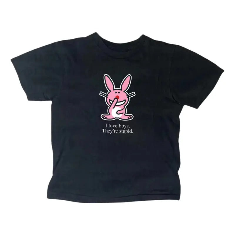 I Love Boys Happy Bunny Baby Tee, Gothic Emo Girl Top, Scene Clothing 2000s, Y2k Top Women Streetwear, Casual Cotton...