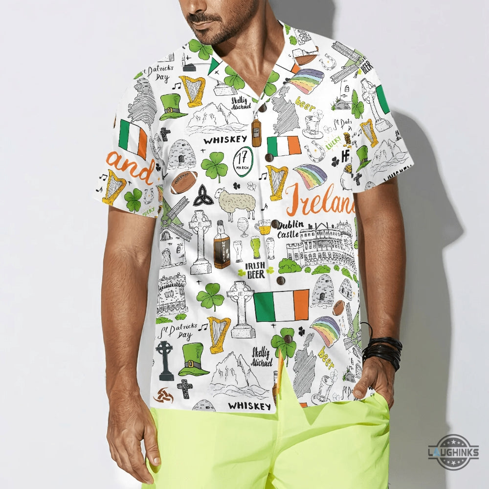 I Love Ireland Doodle Hawaiian Shirt Aloha Summer Beach Button Up Shirts And Shorts