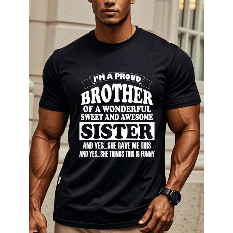 I'M A PROUD BROTHER-IN-LAW OF A WONDERFUL SWEET AND AWESOME SISTER-IN-LAW, Cotton T Shirts For Men, Black Graphic Tee, Stylish, Funny Print, Soft 100% Cotton Crew Neck, Breathable, Ultra-Soft, Ideal For Running, Going Out, All Seasons Made in USA