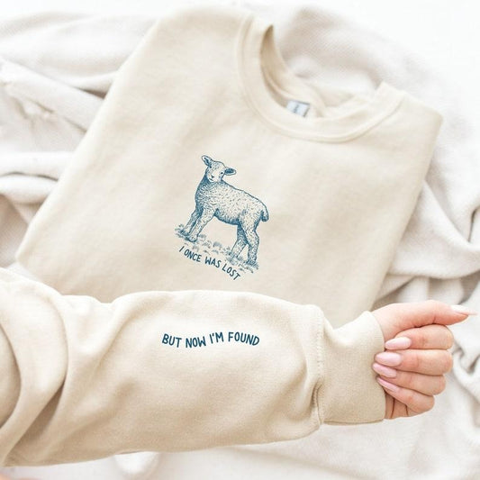 I Once was Lost but Now I'm Found Sweatshirt, Sheep Bible Verse Sleeve Print Shirt, Christian Crewneck, He Left the 99 to...