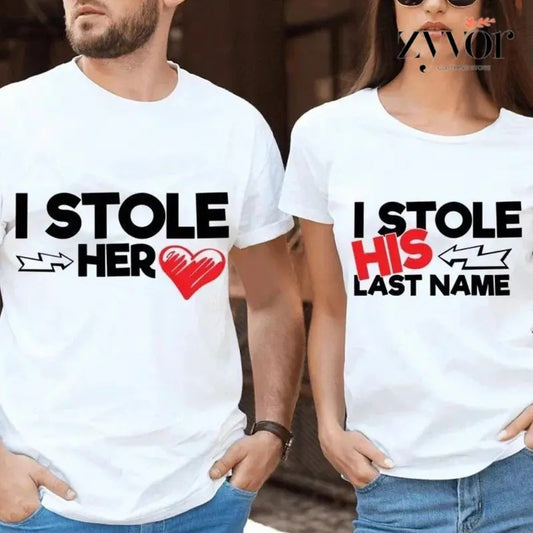 I Stole Her Heart Funny Couple Shirt Cotton Fabric Casual Streetstyle Crew Neck Short Sleeve T-Shirt for Women for Men, Date Gift