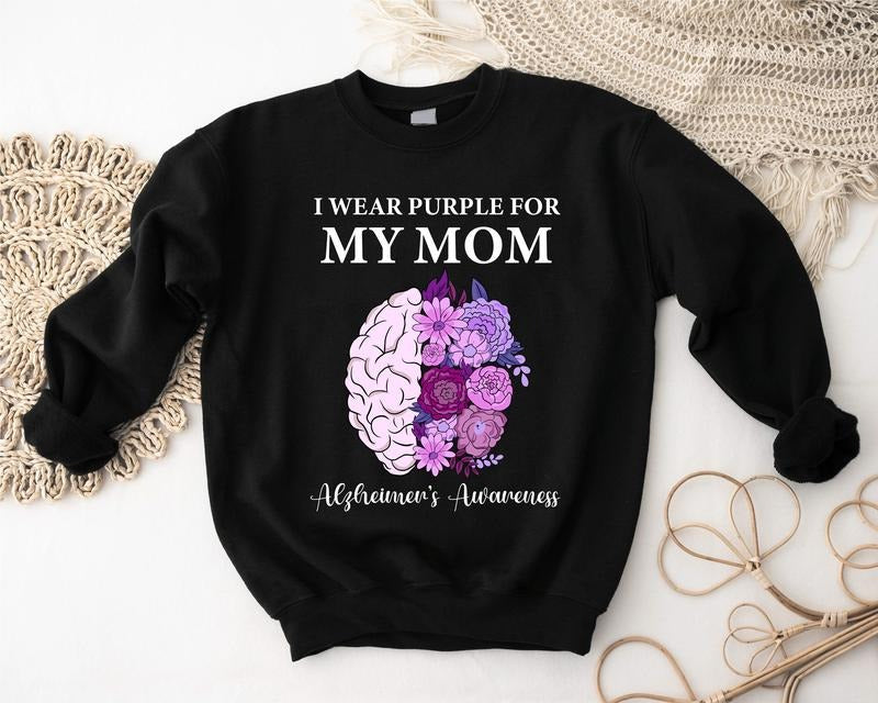 I Wear Purple For My Mom Sweatshirt, Alzheimer's Awareness Hoodie, Purple Floral Brain Sweater, Alzheimer's Disease...