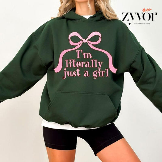 I'm Literally Just a Girl Pink Coquette Bow Funny Hoodie Casual Style Fleece Fabric Pullover Sweatshirt Trend Tops for Women for Men, Perfect Gift