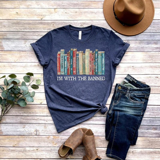 I'm With The Banned, Banned Books Shirt, Banned Books Sweatshirt, Unisex Super Soft Premium Graphic T-Shirt,Reading Shirt. Librarian Shirt Menswear Top Underwear Streetwear
