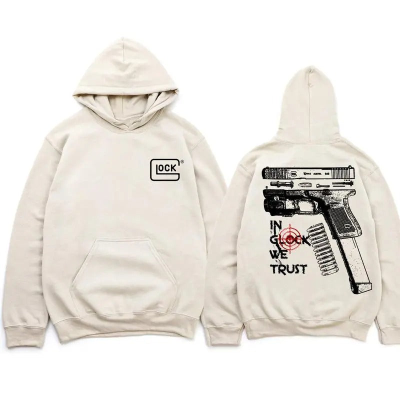 IN GLOCK WE TRUST - Sand Hoodie with Multicolor Design T-Shirts, Sweatshirt | InkThreadWorks.com