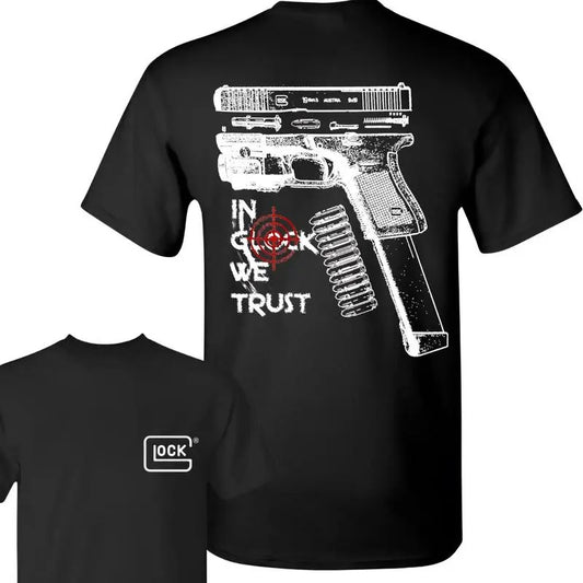 IN GLOCK WE TRUST Black T-shirt with Multicolor Design Hoodie, Sweatshirt | InkThreadWorks.com