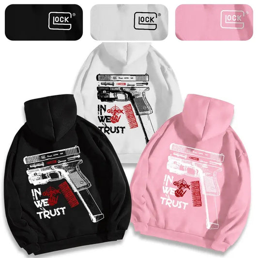 IN GLOCK WE TRUST HOODIE DOUBLE SIDE NEW ERA FOR MEN FOR WOMEN Cotton Menswear T-Shirts, Sweatshirt | InkThreadWorks.com