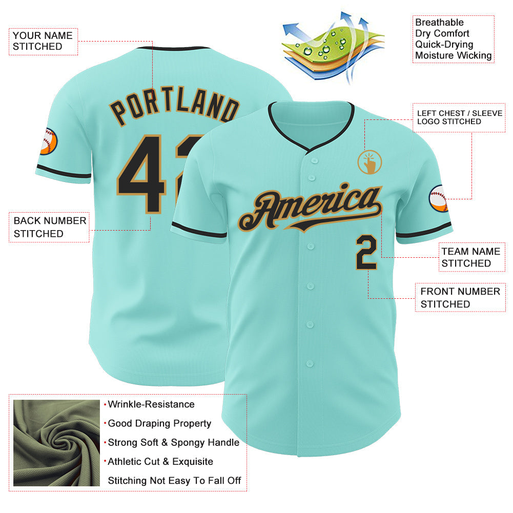 Custom Ice Blue Black-Old Gold Authentic Baseball Jersey