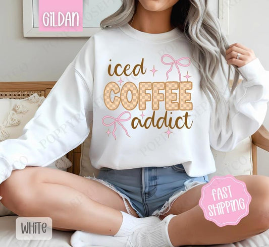 Iced Coffee Addict Sweatshirt, Cute Sweater, Girly Crewneck T-Shirts, Hoodie | InkThreadWorks.com