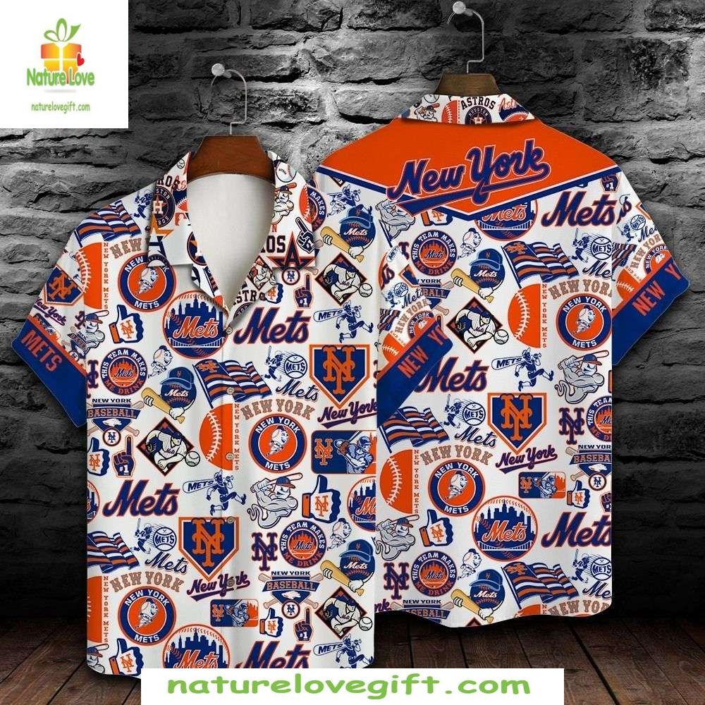 NY Mets Hawaiian Shirt Blue Orange Stylish Baseball Fan Apparel