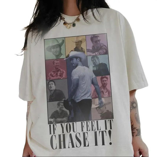 If You Feel It Chase,  It Era Gildan  T-shirt - Glen Powell Shirt, Tyler Owens Twisters - Vintage Glen Powell Homage Shirt, Twisters Movie, Not My First Tornado - Crewnck Womenswear Casual  Full Size, Underwear Streetwear Tshirt Fabric Top