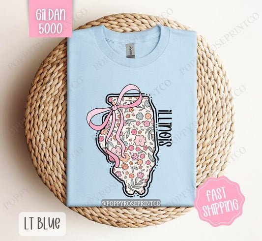 Illinois Gildan T-shirt, Cute Illinois State Shirt, Illinois Floral Bow Tee Hoodie, Sweatshirt | InkThreadWorks.com