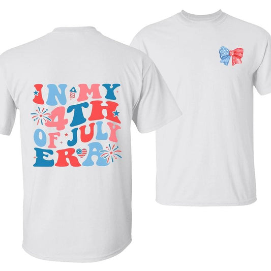 In My 4th of July Era T-Shirt, Cute Patriotic Independence Day Tee, Red White and Blue Bow Graphic, Fireworks and Stars Design, Festive Holiday Outfit, Unisex Cotton Shirt for Men and Women