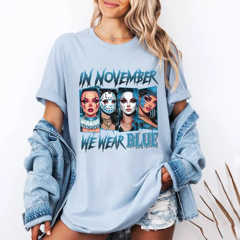 In November We Wear Blue Shirt Girl Halloween Character Diabetes Awareness Tshirt Diabetes Awareness Month Shirt Hoodie,...
