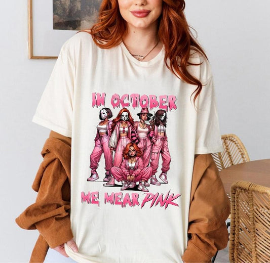 In October We Wear Pink Horror Shirt, Lady Horror Characters Sweatshirt, Halloween Movies Shirt, Spooky Season Shirt, Girls Halloween Shirt, Sweatshirt, Hoodie