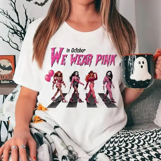 In October We Wear Pink Shirt Bundlle, Pink Breast Cancer Tshirt, Horror Movie Pink, Slasher Movie, Unisex Short Sleeve Tee Cotton Casual
