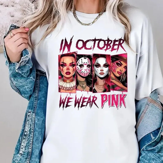 In October We Wear Pink Shirt, Halloween Movie Shirt, Pink Halloween Characters, Breast Cancer Awareness, Cancer Support Shirt,Unisex Short Sleeve Tee