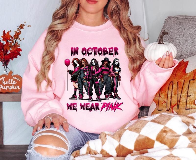 In October We Wear Pink Shirt, Halloween Movie Shirt, Pink Horror Characters, Spooky Season Shirt, Halloween Shirt, Sweatshirt, Hoodie, We Wear Pink Shirt, Halloween Girls Horror Shirt