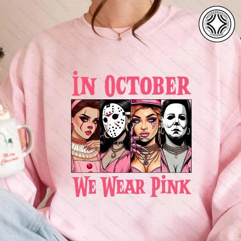 In October We Wear Pink Shirt, In October We Wear Pink Halloween   Characters Movies Shirt, Breast Cancer Month Halloween Tshirt