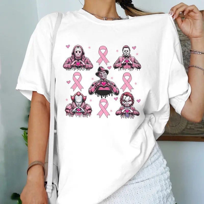 In October We Wear Pink Shirt, Michael Myers Jason Voorhees,  Pink Halloween Style Coquette Tshirt, Breast Cancer Month...