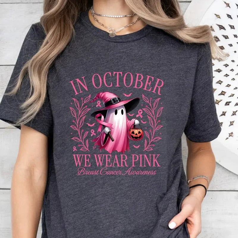 In October We Wear Pink T-Shirt, Breast Cancer Awareness T-Shirt, Retro Breast Cancer T-Shirt, Halloween Pink Ghost...