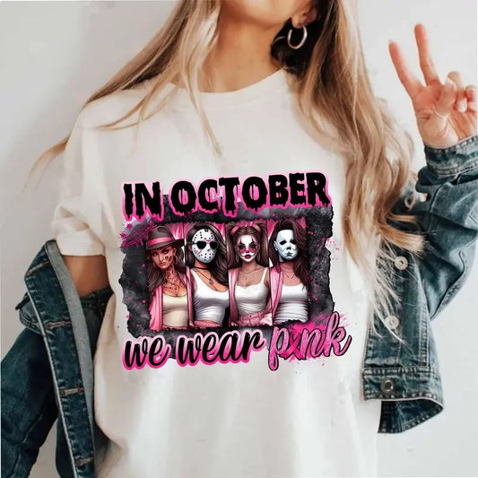In October We Wear Pink Tee Shirt, Horror Movie Tee, Halloween Friends, Pink Br3ast Canc3r Shirt, Unisex Short Sleeve Tee Shirt, Streetwear