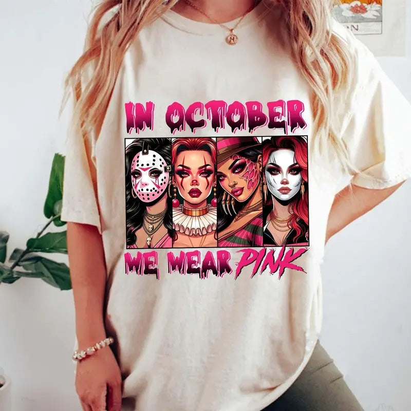 In October We Wear Pink Tshirt, Halloween Bad Girls Tshirt, Friend Horror, Friends Horror Characters, Unisex Short Sleeve...