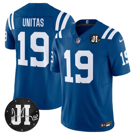 Indianapolis Colts #19 Johnny Unitas Blue 2025 F.U.S.E. Jim Irsay Patch Vapor