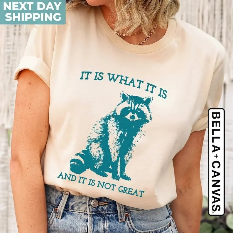 It Is What It Is And It Is Not Great, Vintage Drawing T Shirt, Raccoon Meme Shirt, Sarcastic Shirt, Mental Health Shirt,...