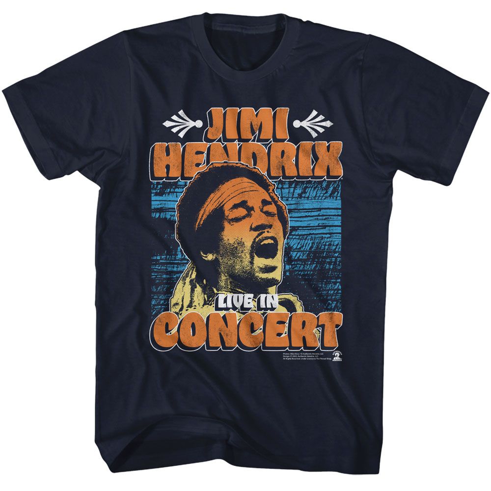 Jimi Hendrix - In Concert Poster - American Classics - Solid Blue Adult Short Sleeve T-Shirt