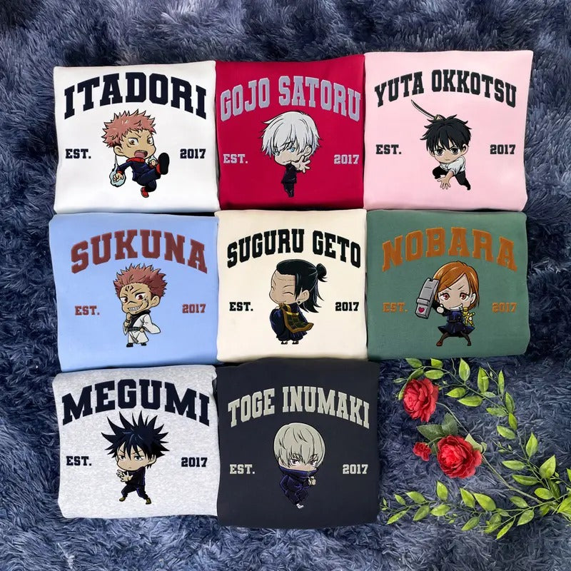 JJK Embroidered Sweater, Anime Characters Embroidered Shirt, Manga JJK Characters Embroidery T-Shirt, Manga Embroidered Tee and Hoodie