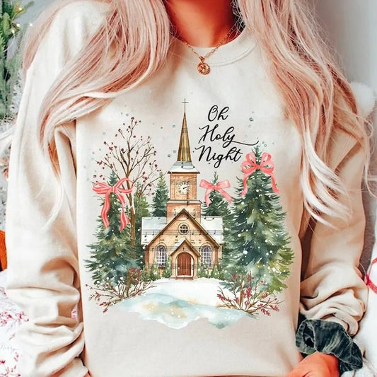 Jesus Christmas Sweatshirt, Coquette Christmas Tree Shirt, Oh Holy Night Shirt, Hand Drawn, Christian Christmas, Adore...