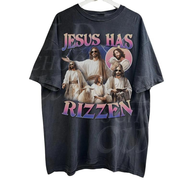 Jesus Has Rizzen Vintage T-Shirt, Retro 90s Graphic Shirt, Funny Shirts, Distressed Cotton Shirt, Oversized Bootleg Tees Tropical Round Neck