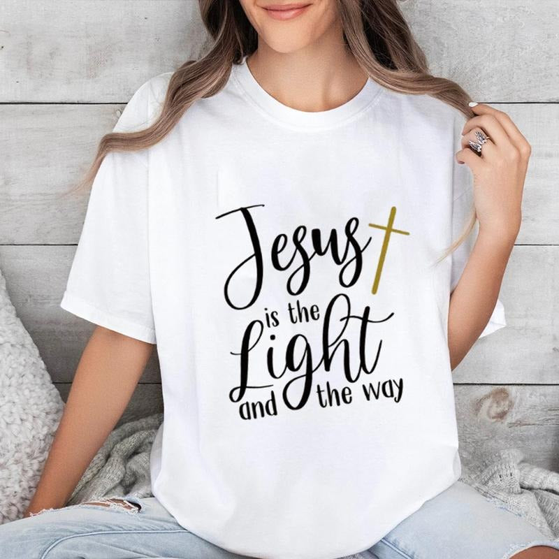 Jesus Is the Light and the Way Tshirt Casual Style Crew Neck Short Sleeve T-Shirt Tops Trendy for Unisex, Perfect Gift...
