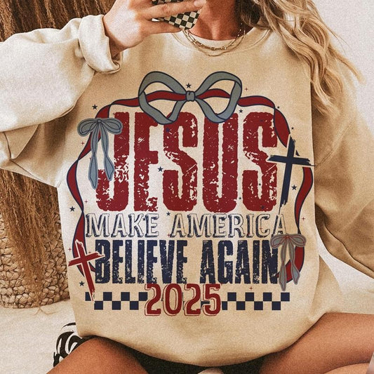 Jesus Make America Believe Again Shirt Shirt, Coquette 4Th Of July Shirt, Christian 4Th Of July Shirt, American Girl Shirt,Jesus Shirt, Memorial Day Shirt