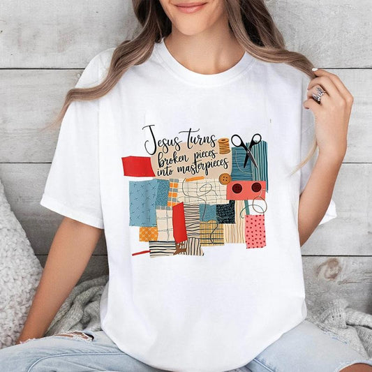 Jesus Turns Broken Pieces Into Masterpieces Shirt Casual Style Crew Neck Short Sleeve T-Shirt Tops Trendy for Unisex,...