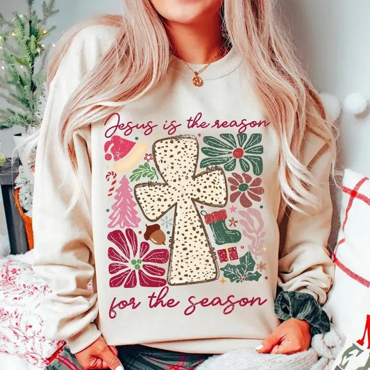 Jesus is the Reason for the Season Boho Floral Sweatshirt, Christian Christmas Jesus Cross Dalmatian Dots Tee Hoodie