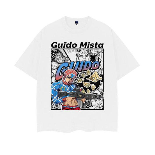 JoJo's Bizarre Adventure "Mista Gear Upgrade" Heavyweight Vintage Tee 100% Cotton OVERSIZED Anime T-shirt Menswear Top cotton tops crew necks Casual Streetwear White Baggy Crewneck Tshirt Tropical Shortsleeve