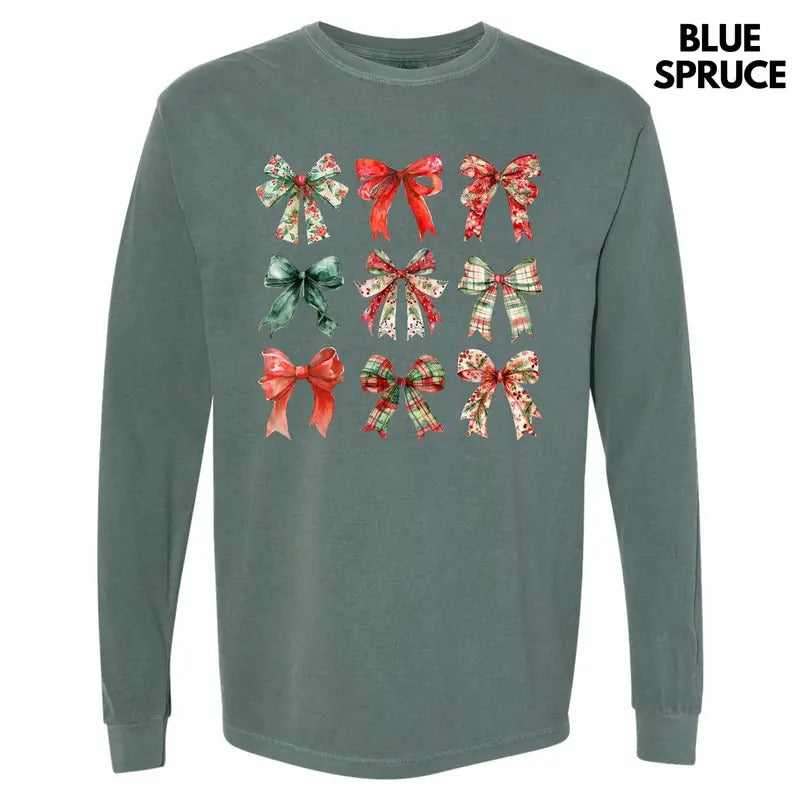 Jolly Christmas Bow Collage Long Sleeve Comfort Colors T-Shirt 'NLB' Hoodie, Sweatshirt | InkThreadWorks.com
