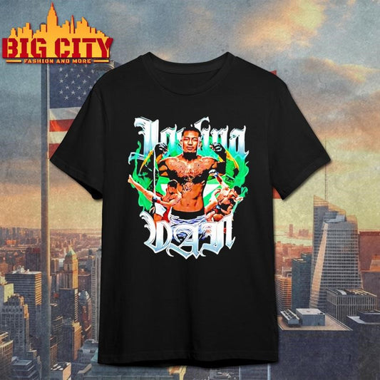 Joshua Van Flexing Portrait Green Smoke Flame Tattoos Background Engage Combat Sports Shirt