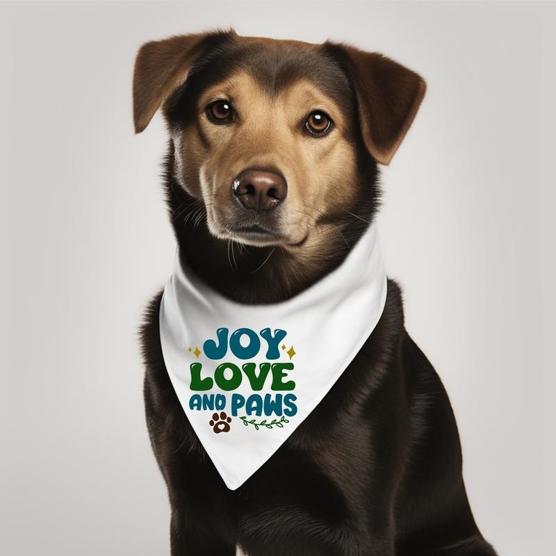 Joy Love And Paws Dog Bandana, Dog Saying Handkerchief, Christmas Pet Neck Scarf, Holiday Puppy Gift Bandana, Pet Owner...