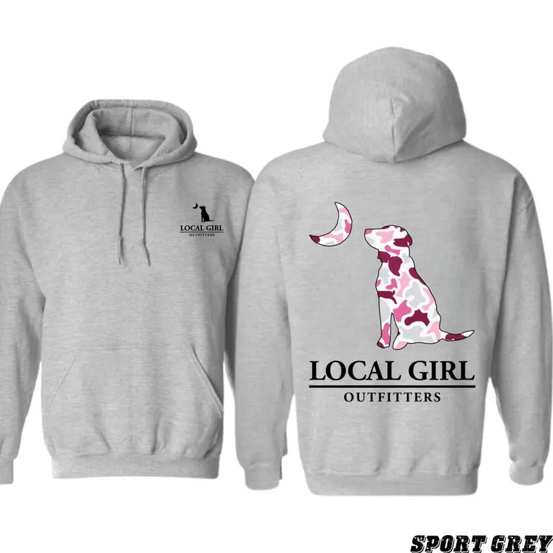 Judy Local Girl Outfitters Hoodie - Bold Pink Camo Dog and Moon Design, Perfect for Outdoor Showcasing Southern Pride and...