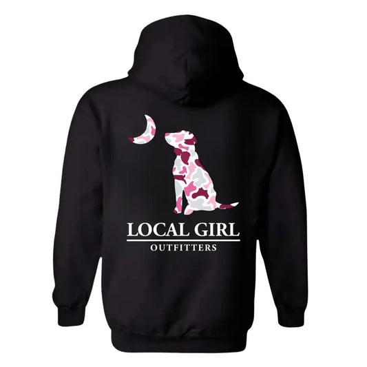 Judy Local Girl Outfitters Hoodie - Bold Pink Camo Dog and Moon Design, Perfect for Outdoor and Nature-Loving Girls,...