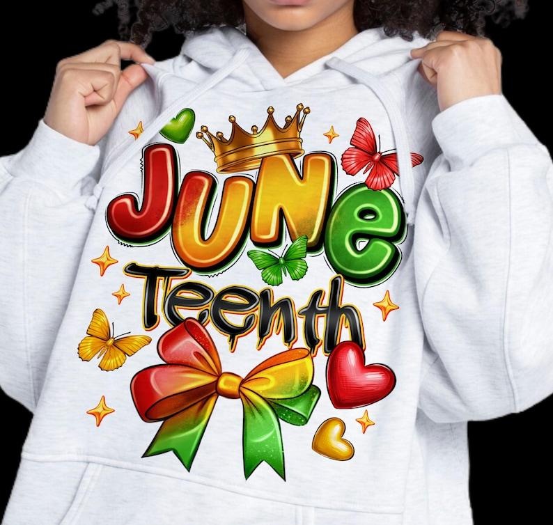 Juneteenth Coquette Bow Hoodie, Retro Juneteenth Graffiti Street Design Sweatshirt, Black Girl Magic Tee | InkThreadWorks.com