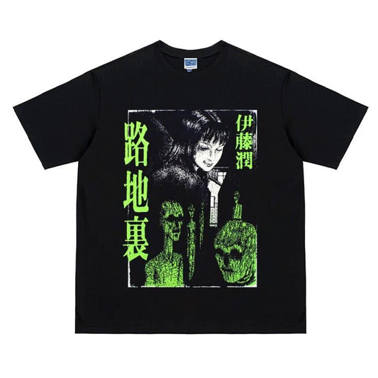 Junji Ito "The Haunted Alley" Heavyweight Vintage Tee 100% Cotton OVERSIZED Anime T-shirt Menswear Top Crew Necks Tshirt Casual Streetwear Black Crewneck Tropical Shortsleeve
