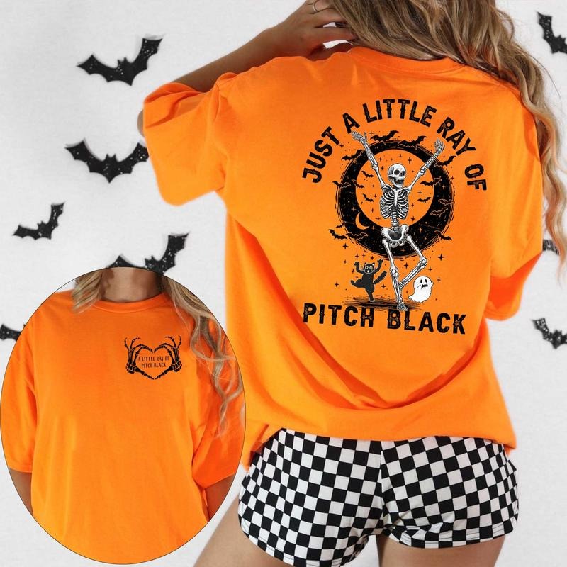 Just A Little Ray of Pitch Black Halloween Shirt, Funny Skeleton Bats Shirt, Halloween Girly Shirt, Black Cat Shirt, Spooky Ghost Shirt Cotton Fabric