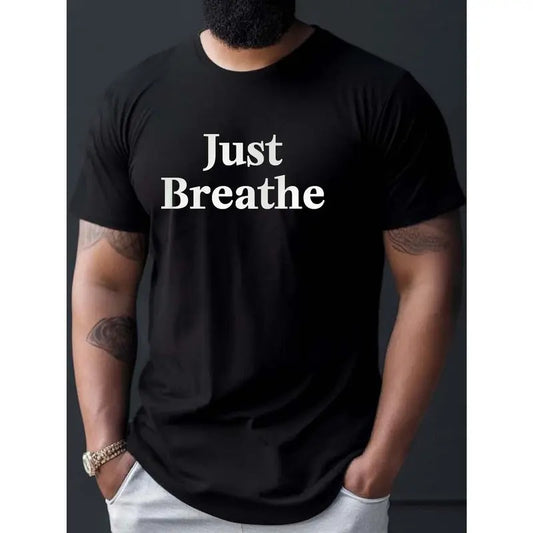 Just Breathe Print Men's Casual Comfy Short Sleeve Crew Neck T-shirt, Summer Outdoor Made in USA Hoodie, Sweatshirt